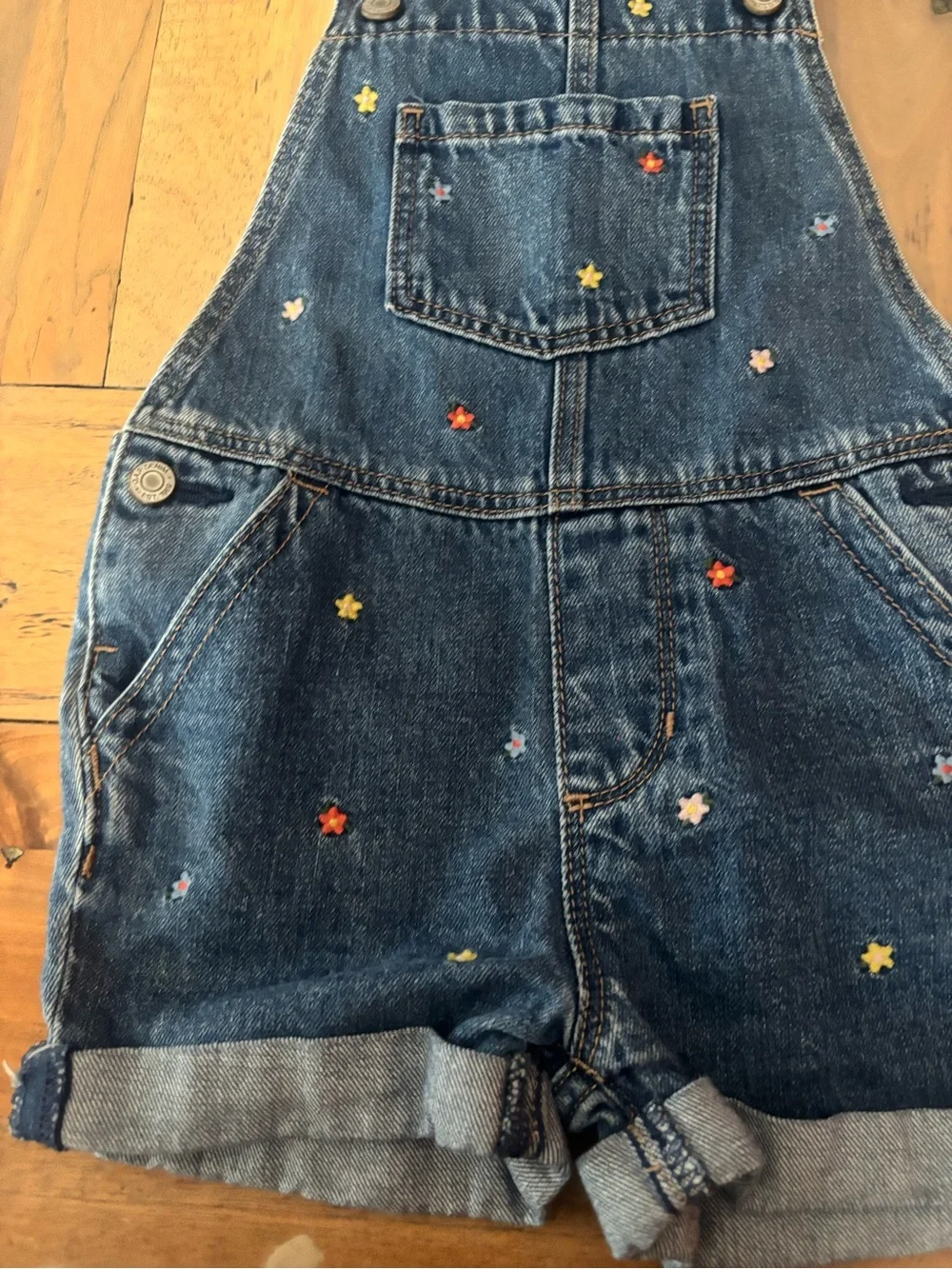 GAP Denim Short Overalls with Multicolor floral  Embroidery - Blue